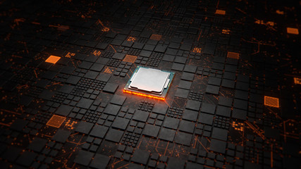 Abstract Motherboard circuit with CPU and microchips 3d render
