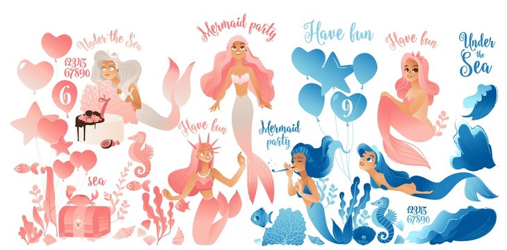 Mermaid party - cute cartoon character set in pink and blue