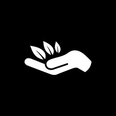 Leaf in Hand Icon On Black Background. Black Flat Style Vector Illustration.