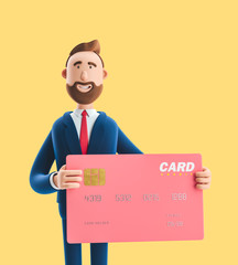 Businessman Billy with colored credit card. 3d illustration on yellow background