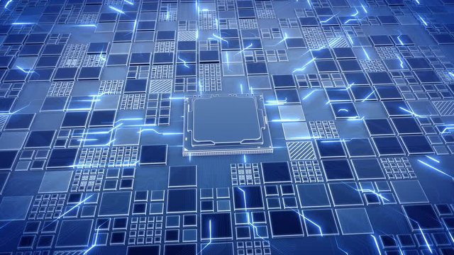 Abstract Motherboard circuit with CPU, microchips and animated electric signals 3d render