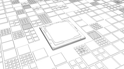 Abstract Motherboard circuit with CPU, microchips and animated electric signals 3d render