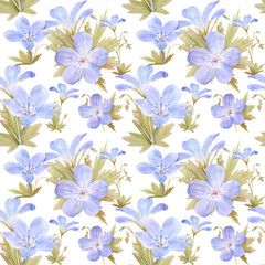 Seamless pattern of watercolor geranium flowers. Perfect for web design, cosmetics design, package, textile, wedding invitation, logo