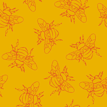 Simple bumblebee seamless pattern. Outlined bee on yellow background