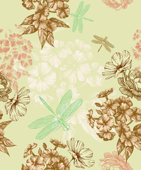 Seamless floral wallpaper with phlox and dragonfly. Floral background, vector illustration - 274450230
