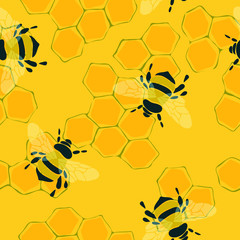 Honeycomb and bee seamless pattern. Bumblebee on yellow background.