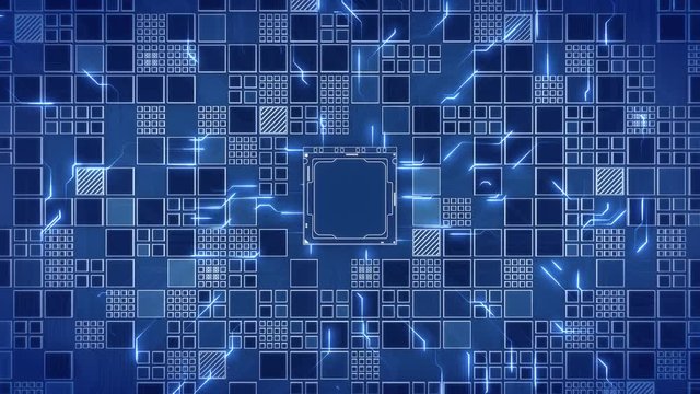Abstract Motherboard circuit with CPU, microchips and animated electric signals 3d render