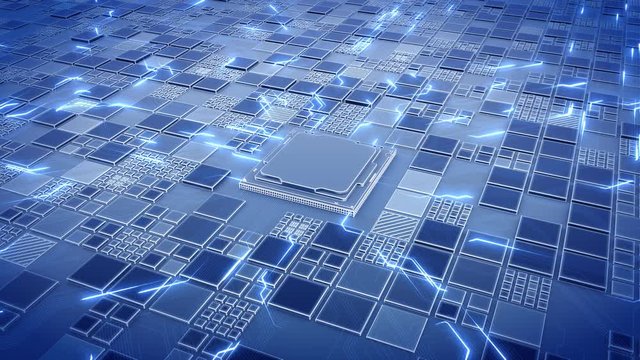 Abstract Motherboard circuit with CPU, microchips and animated electric signals, still camera 3d render
