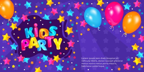 Kids party flyer or invitation with balloons and boom frame vector illustration.