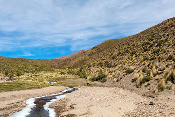 Desert landscapes with mountains in Bolivia at the dry season, dry vegetation is a natural background