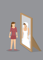 Cartoon Woman Sees Herself as Bride in Mirror Vector Illustration