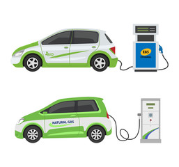 Fuel alternative vehicle vector team-car or gas-truck and solar-van or gasoline electricity station illustration set of bio-ethanol and hydrogen electric-car isolated on white background