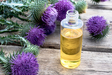 A bottle of tincture or potion's essential oil and flowers of thistle on a wooden background