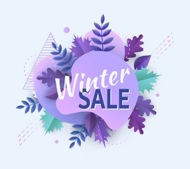 Fototapeta na wymiar Winter sale banner with curved shape and leaves the vector illustration isolated.