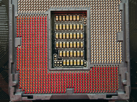 CPU processor socket on a computer motherboard, macro