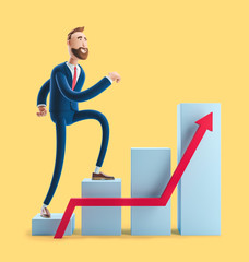 Cartoon character Billy goes to success. 3d illustration on yellow background. Concept of financial growth. Dashboard with the analysis of finance