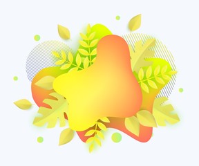 Blank autumn banner template design with falling gold yellow leaves and abstract blob shapes