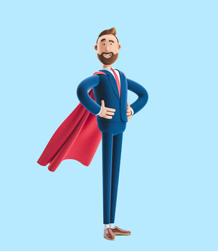 Cartoon character Billy clothed like a superhero. 3d illustration on blue background
