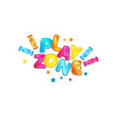 Childrens play zone banner with letters and candies vector illustration isolated.