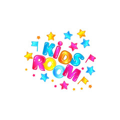 Kids room lettering, logo and text with glossy and bright flags and stars for banner.