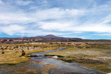 Desert landscapes with mountains in Bolivia at the dry season, dry vegetation is a natural background