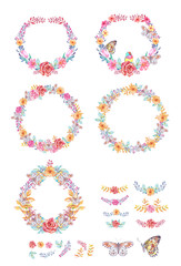 Wedding invitation frame set; flowers, leaves, watercolor