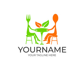 Fork and spoon cartoon character, sitting at the table in a restaurant, logo design. Food and drink, fast food, cafe and eatery, vector design and illustration