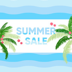 Fototapeta na wymiar Summer sale banner with waves of water, green palms trees and colorful flowers. Ready to use in social media, posters, flyers and advertising.