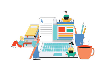 Obraz premium Online article writing - team of young cartoon character writers in creative process