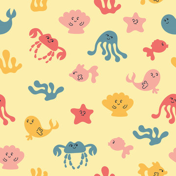 Doodle seamless background with fish, octopuses, crabs, starfish, dolphins, whales. Kawaii characters. Bright color. Vector illustration