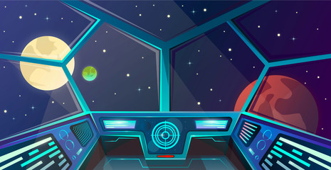 Spaceship interior of captains bridge in cartoon style. Futuristic command post. Vector illustration with radar, screen, hologram, moon, mars and stars. Space outside porthole. Cosmos vector © Igor
