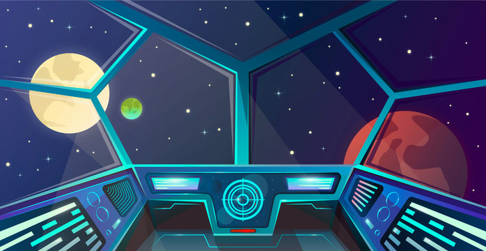 Spaceship interior of captains bridge in cartoon style. Futuristic command post. Vector illustration with radar, screen, hologram, moon, mars and stars. Space outside porthole. Cosmos vector