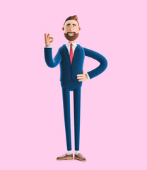 Cartoon character businessman Billy shows okay or OK gesture. 3d illustration on pink background