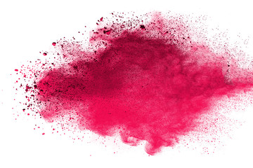 Red powder explosion on white background. Colored cloud. Colorful dust explode. Paint Holi.