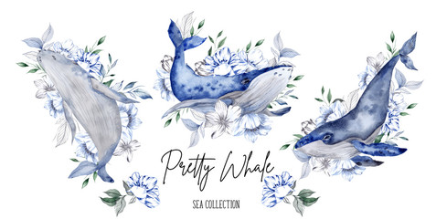 Collection of watercolor hand draw whale and flowers, isolated on white background