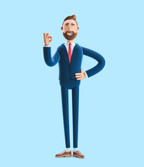 Cartoon character businessman Billy shows okay or OK gesture. 3d illustration on blue background