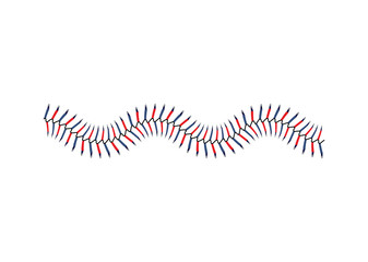 Baseball seam laces for softball game, blue and red ball stitches isolated on white background