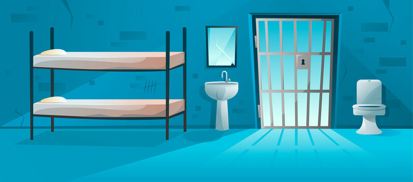 Prison cell interior with lattice, grid door , bunk bed, toilet bowl, washbasin and scratched, cracked brick walls illustration. Jail room in cartoon style