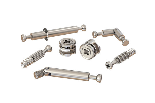 3D illustration. Different types of minifix connector bolts. Minifix Furniture Cam Lock Screws and Hardware Connector isolated on white background. Mitre connector, Double Bolt, Connector Housing.