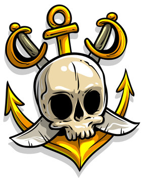 Cartoon pirate skull with golden anchor and crossed swords. Isolated on white background. Vector icon.
