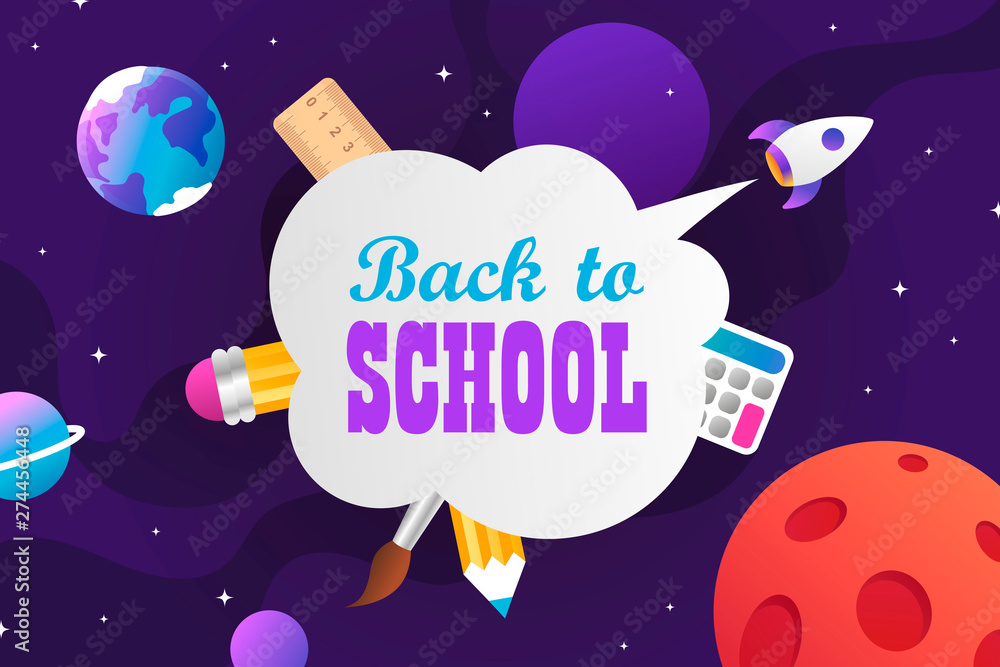 Wall mural back to school. colorful cartoon kids banner template. science and space. cartoon vector illustratio