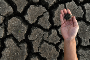 Hand man holding clay cube. Cracked soil landscape texture on ground earth with natural light sunset of the sun. Image depth of field.