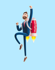 Businessman Billy flying on a rocket Jetpack up. 3d illustration on blue background. Concept of  business startup, launching of a new company.