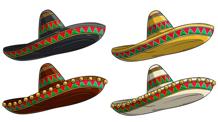 Cartoon colorful traditional ornate mexican hat sombrero. Isolated on white background. Vector icon set. Vol. 2 - obrazy, fototapety, plakaty