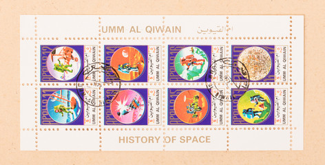 UNITED ARAB EMIRATES - CIRCA 1980: Stamps printed in the UAE showing the history of space, circa 1980