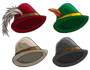 Cartoon colorful bavarian traditional hat with feather. Oktoberfest accessory. Isolated on white background. Vector icon set.