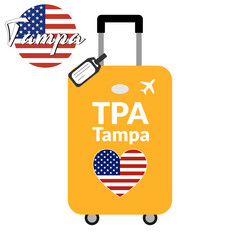 Luggage with airport station code IATA or location identifier and destination city name Tampa, TPA. Travel to the United States of America concept. Heart shaped flag of the USA on baggage.