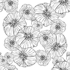 Flower popies graphic design. Cute seamless vector tile pattern. Retro vintage. line popie flower surface design.