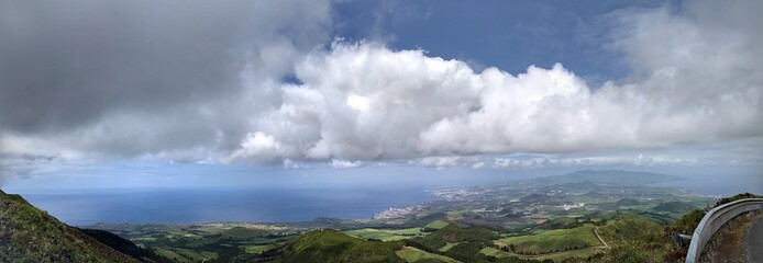 Mountain landscape with lakes on São Miguel island, Azores, Portugal near Lagoa do Fogo