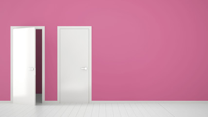 Empty pink room interior design with open and closed doors with frame, door handles, wooden white floor. Choice, decision, selection, option concept idea with copy space